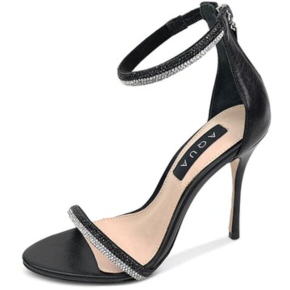 NIB [Aqua] Olivia Rhinestone Ankle Strap Jet Black Stiletto Heels Women's Sz 9.5 - Picture 1 of 13